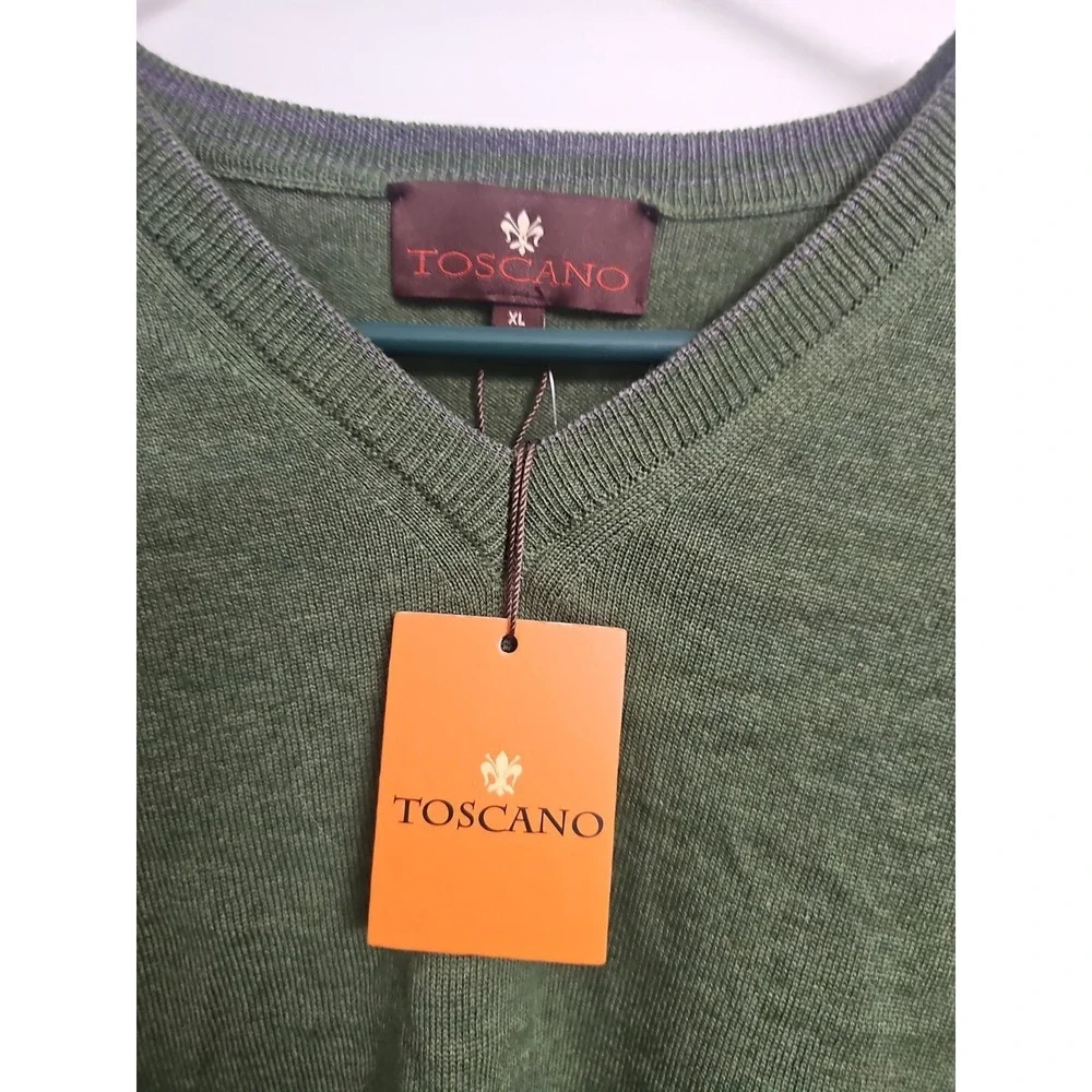 Toscano Mens Extra Fine Merino Wool V-Neck Sweater XL Green Pullover